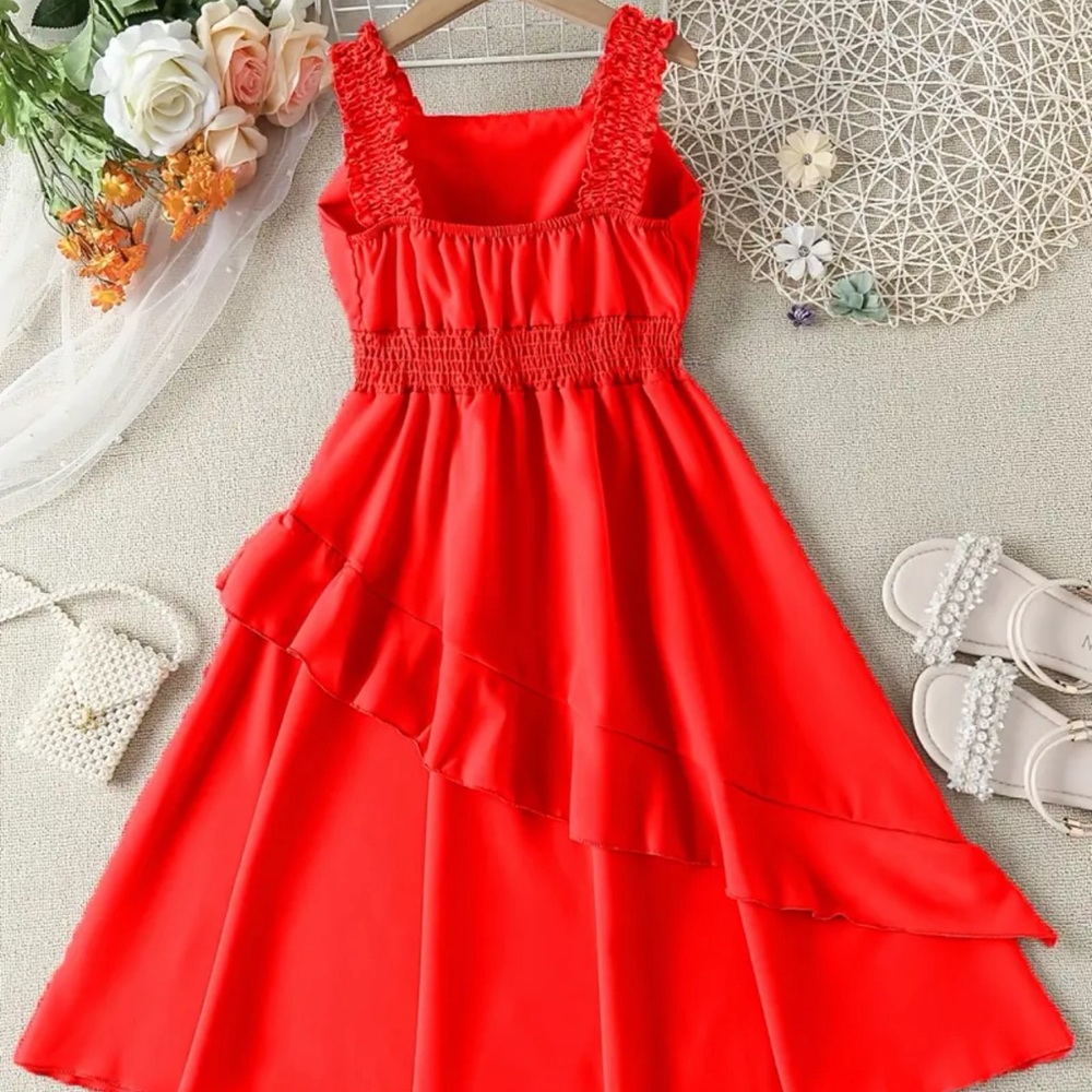 Red Girls Shirred Waist Ruffle Trim Cami Dress